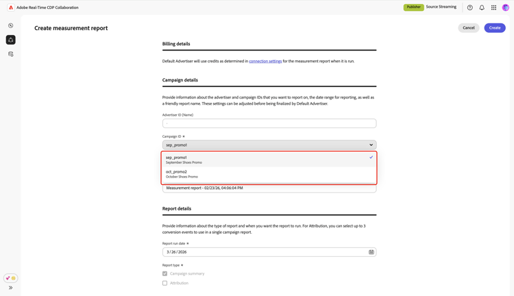 A tela Criar relatório de medição mostrando o menu suspenso ID de Campanha expandido.
