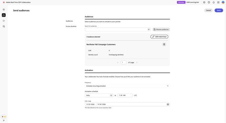 O fluxo de trabalho Enviar públicos-alvo configurado com um agendamento de ativação recorrente diária, hora de início e intervalo de datas.