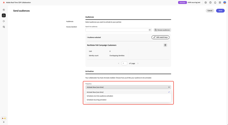 O fluxo de trabalho Enviar públicos-alvo com a Ativação automática habilitada e o menu Frequência mostrando opções de ativação imediatas, futuras, únicas e recorrentes.