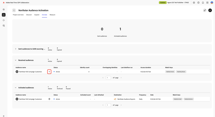 A guia Ativar, que mostra os clientes da campanha do Northstar Fall nos públicos-alvo recebidos, e a ativação diária criada automaticamente para as exportações de público-alvo do Northstar nos públicos-alvo ativados.