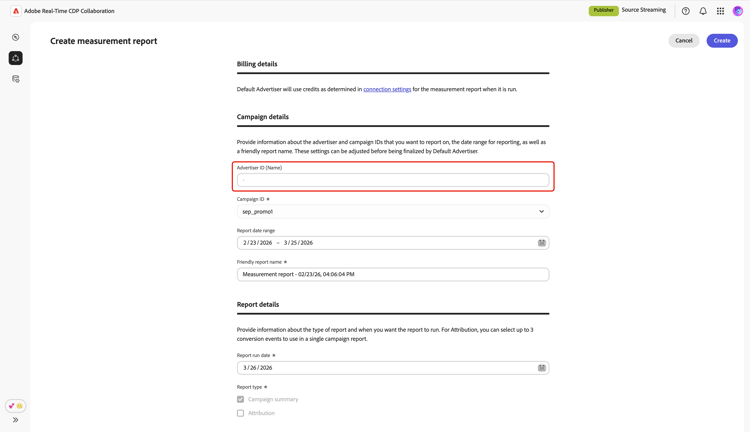 A tela Criar relatório de medição mostrando a opção ID (Nome) do Anunciante desabilitada.