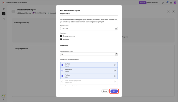 Caixa de diálogo Editar relatório de medição com a opção Editar realçada.