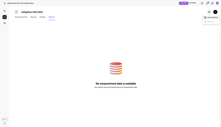 A guia Measure com os requisitos para Dados de medição e a opção Measure desabilitada.