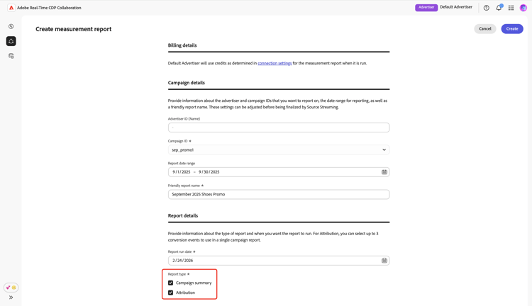 A tela Criar relatório de medição destacando os tipos de relatório Resumo da campanha e Atribuição selecionados.