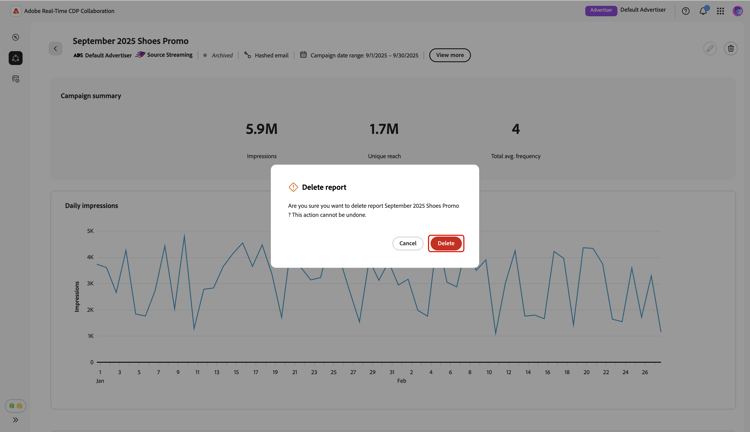 A caixa de diálogo Excluir relatório com a opção Excluir foi realçada.