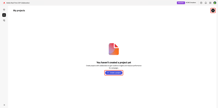 Selecione o símbolo de adição ou Crie um projeto para configurar um novo projeto.
