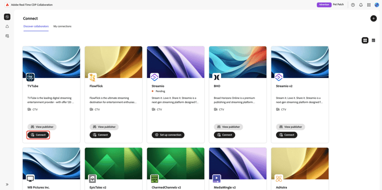 A opção Conectar foi realçada em um editor específico do espaço de trabalho Descobrir colaboradores.