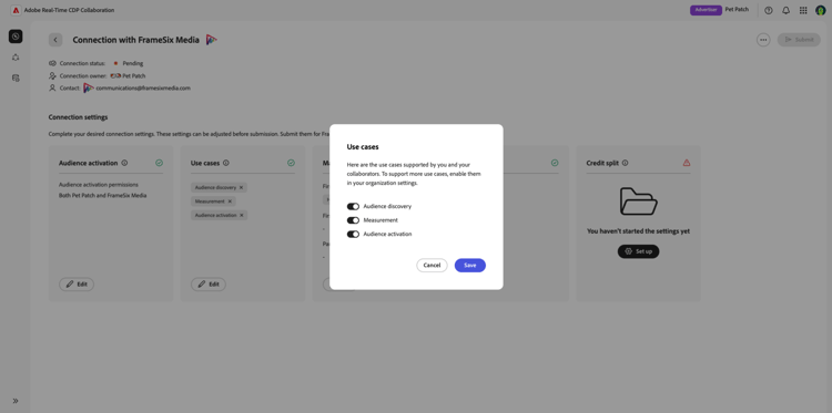 As configurações de casos de uso no espaço de trabalho de configurações de conexão.