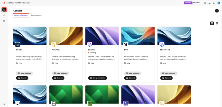 O espaço de trabalho Descobrir colaboradores exibindo uma lista de editores disponíveis.