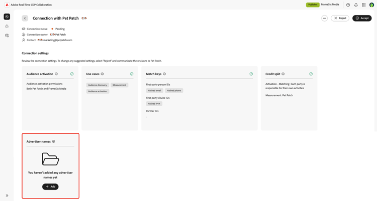 Os nomes de anunciante no espaço de trabalho de configurações de conexão.