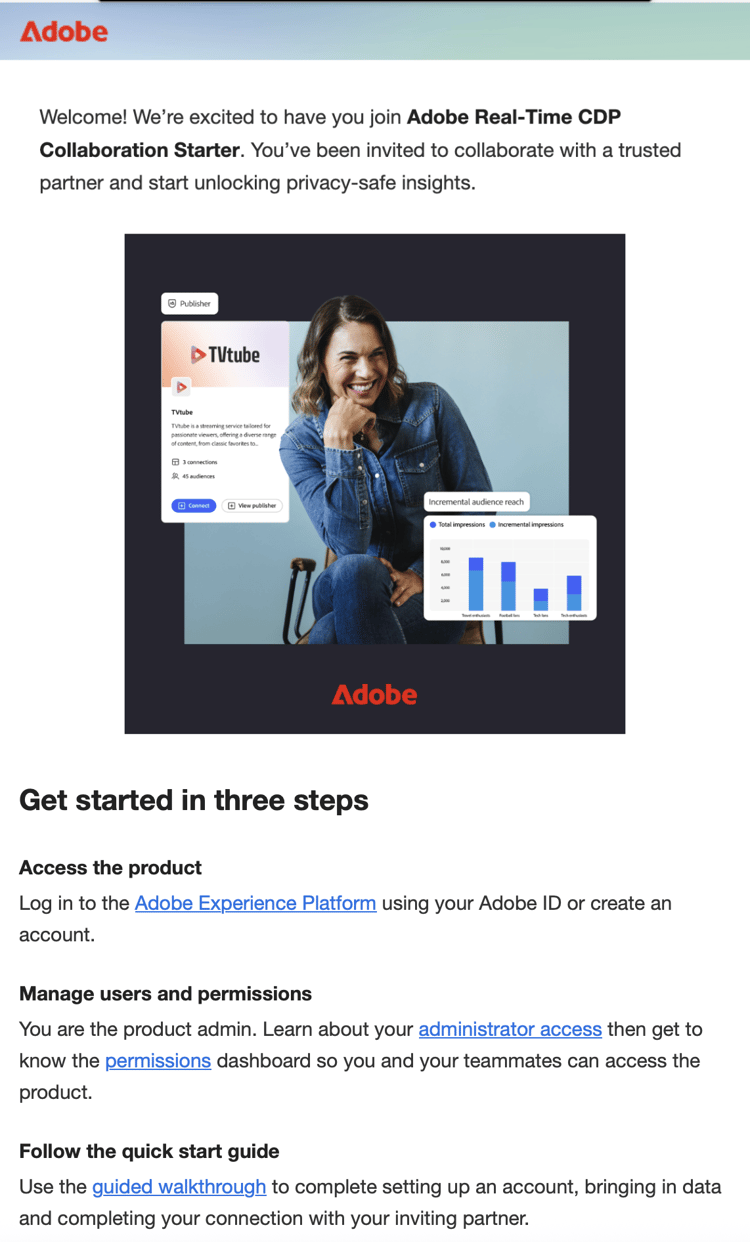 O email de boas-vindas enviado à organização convidada com instruções para configurar o acesso e as permissões necessárias.