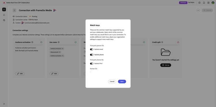 O espaço de trabalho de configurações de conexão com a caixa de diálogo da seção Corresponder chaves é aberto mostrando uma chave de correspondência desligada.