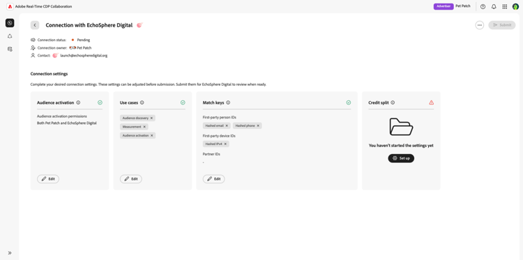 O espaço de trabalho de configurações de conexão.