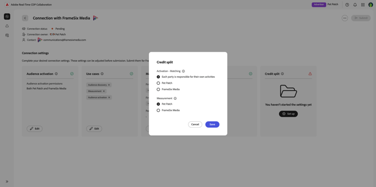 A caixa de diálogo Divisão de crédito com opções no espaço de trabalho de configurações de conexão.