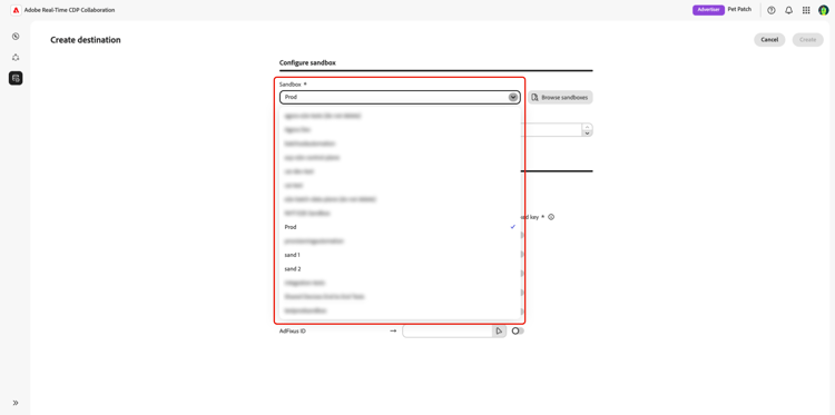 A lista suspensa Sandbox foi realçada em Criar fluxo de trabalho de destino.