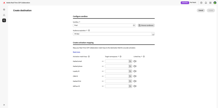O fluxo de trabalho Criar destino para o Adobe Experience Platform.