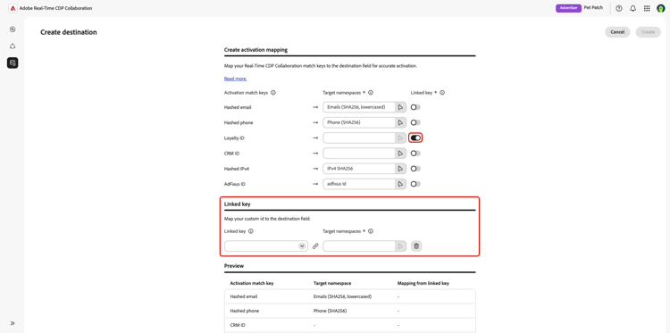 A opção Chave vinculada e a seção destacadas no fluxo de trabalho Criar destino.