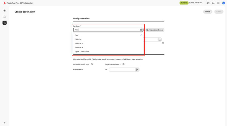 A lista suspensa Sandbox foi realçada em Criar fluxo de trabalho de destino.