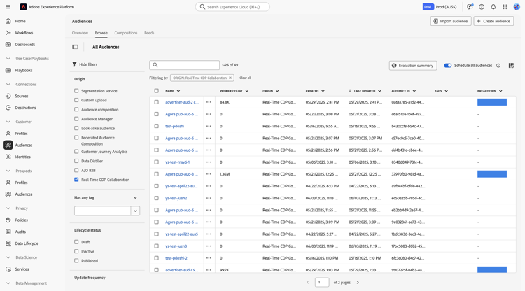 O Portal de Público-Alvo com Real-Time CDP Collaboration como origem nas opções de filtro.
