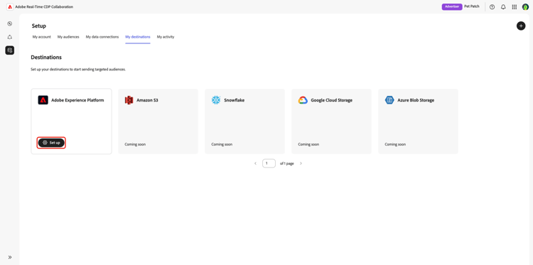 O espaço de trabalho Meus destinos com a opção Configurar foi realçado para o destino do Adobe Experience Platform.
