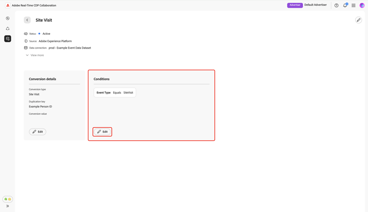 A página de evento Visita ao Site que destaca a opção Editar no painel Condições.