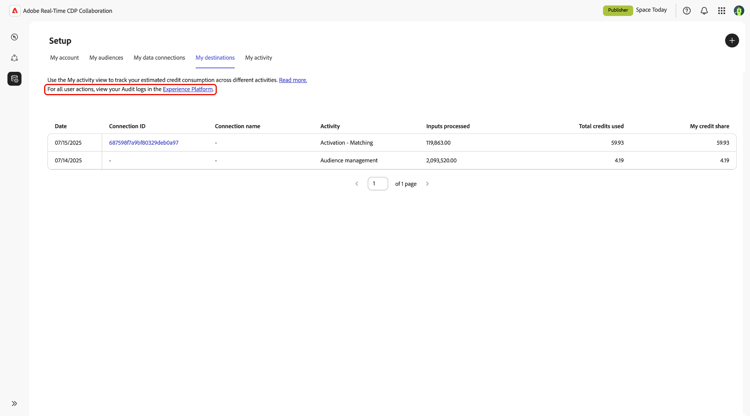 Acesse logs de auditoria na guia Minha atividade no Collaboration.