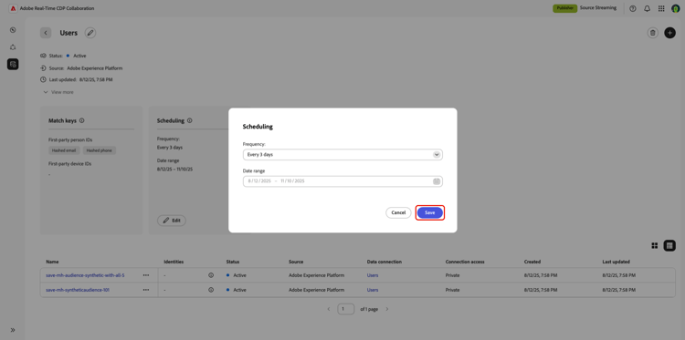 A caixa de diálogo Agendamento, mostrando opções para definir a frequência e o intervalo de datas.