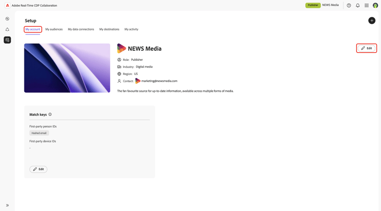 O espaço de trabalho Instalação com a guia Minha conta e a opção Editar foi realçado.
