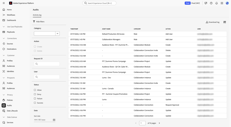 Tela de visão geral de alto nível da funcionalidade de logs de auditoria.