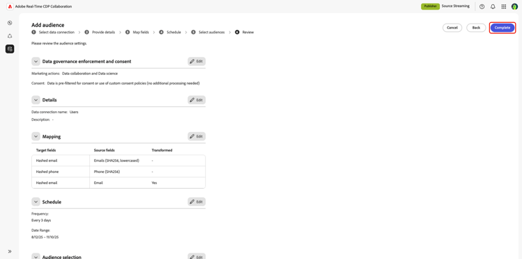 O espaço de trabalho Adicionar públicos-alvo com todas as configurações selecionadas foi exibido.