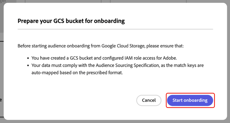 Os pré-requisitos da lista modal "Prepare seu bucket do GCS para integração", incluindo a criação de um bucket do GCS, a configuração do acesso ao IAM para o Adobe e a conformidade com a Especificação de Origem de Público-Alvo, com as opções Cancelar e "Iniciar integração".