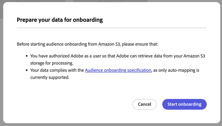 A caixa de diálogo Preparar seus Dados para Origem com um link para as Especificações de Origem do Público-Alvo.