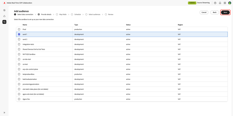 O espaço de trabalho Adicionar públicos-alvo com uma sandbox selecionada.