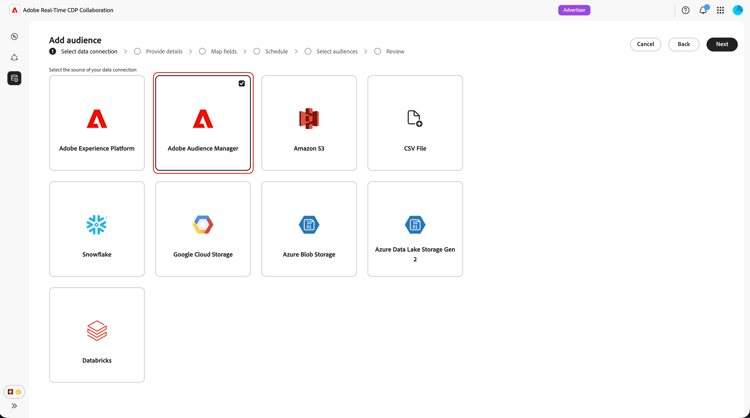 A tela de seleção de conexão de dados com o Adobe Audience Manager está disponível como uma opção selecionável.