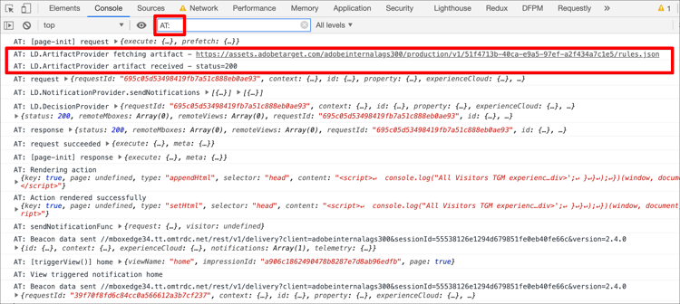 Log de console com mensagens de artefato