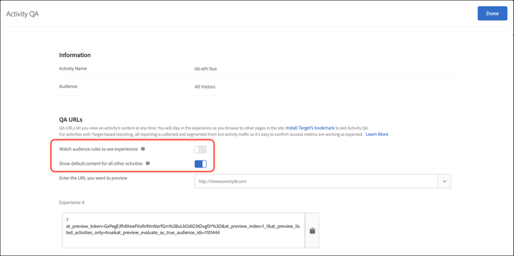 Opções de configuração do Link de controle de qualidade