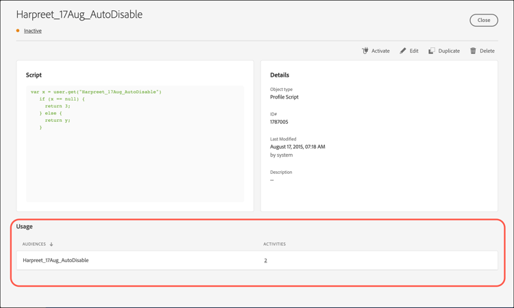 Cartão de informações do script de perfil > guia Uso do script