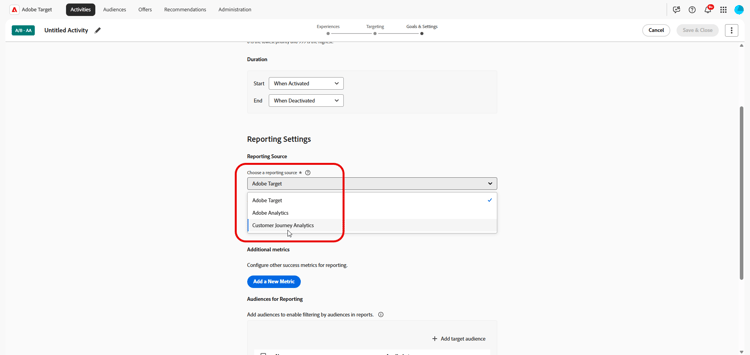 Opção do Customer Journey Analytics como fonte de relatórios
