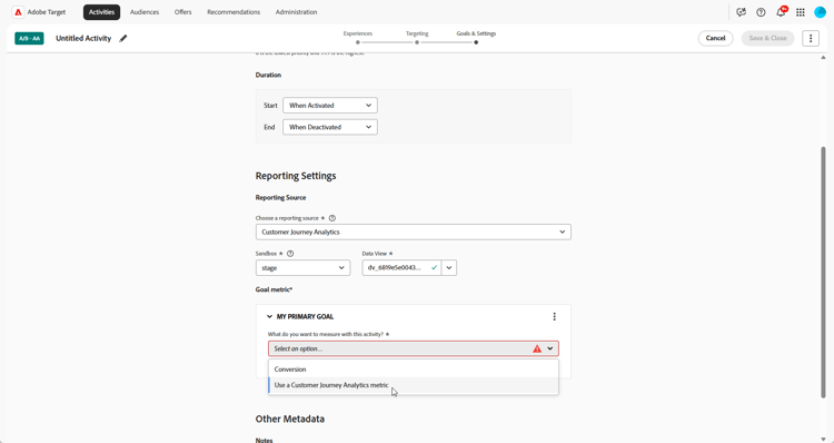 Opção de usar uma métrica do Customer Journey Analytics em Métrica de meta