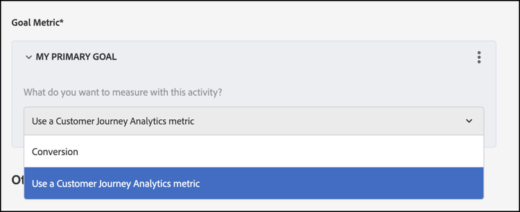 Opção de usar uma métrica do Customer Journey Analytics em Métrica de meta