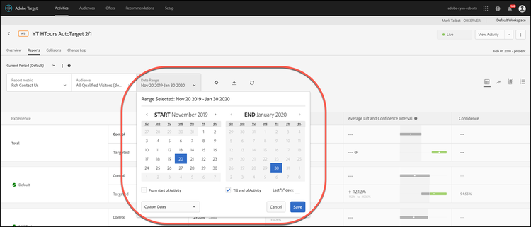 Calendário em um relatório do Adobe Target