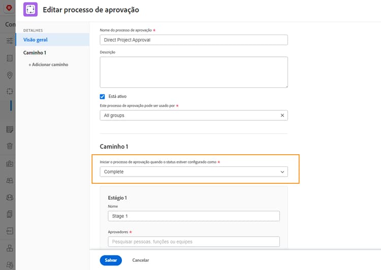 Editar processo de aprovação com o campo de status realçado