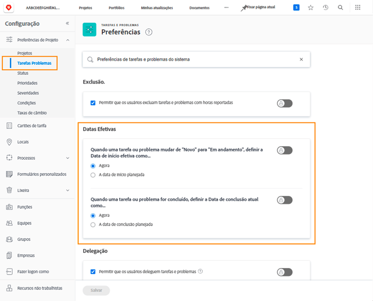 Tarefas e problemas com a seção Datas reais destacada