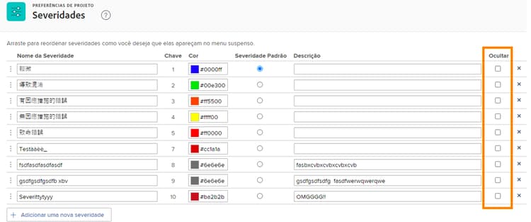 Ocultar destacada na página Severidades em Configuração