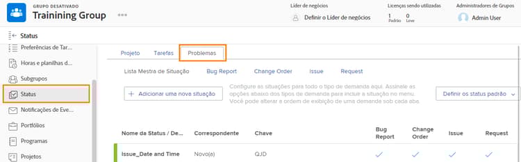 Status da página Grupo