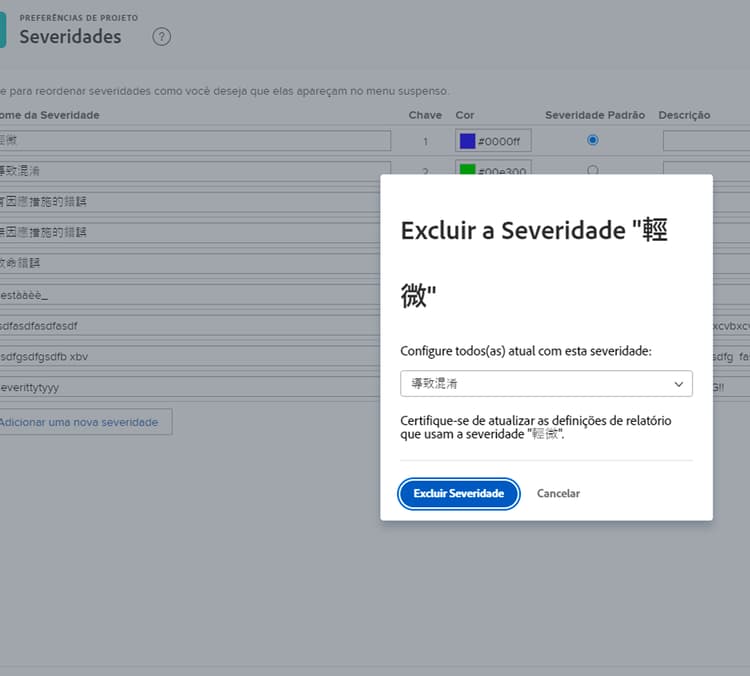 Excluir janela de severidade