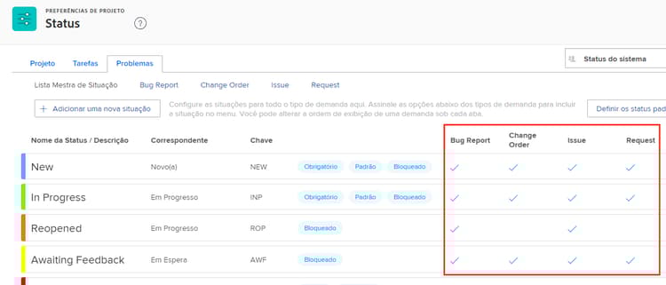 Pedido de alteração realçado na guia “Problemas” da página “Status”