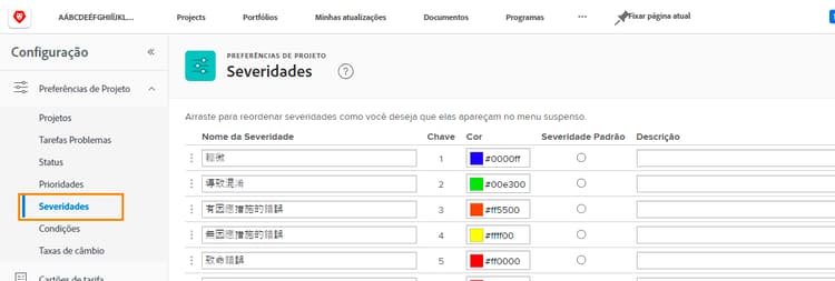 Severidades em Configuração