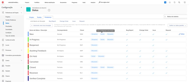 Problemas na página Status, em Configuração