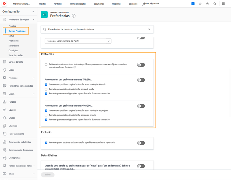 tarefas e problemas com a seção Problemas destacada